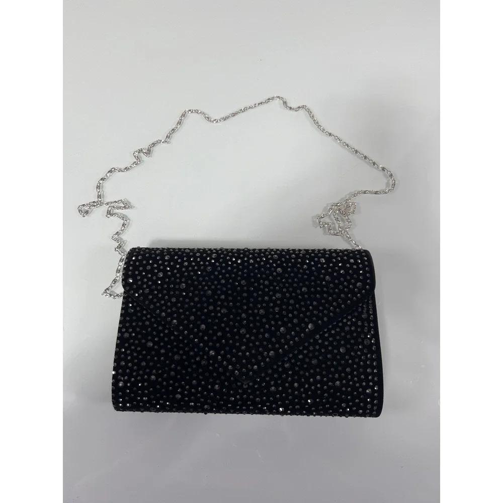 Vintage 80s Black Velvet Rhinestone Clutch Silver Chain Evening Bag‎